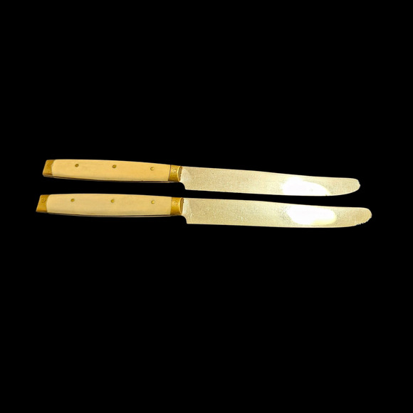 Vtg Royal Brand Cutlery France Steak Knives Set of 2 Bone Handle Brass Bolsters - Picture 2 of 4